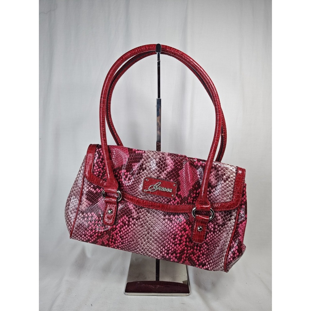 GUESS Lizzy Shoulder Bag Red Pink Snakeskin Faux Patent Flap NWT $108 PY368805